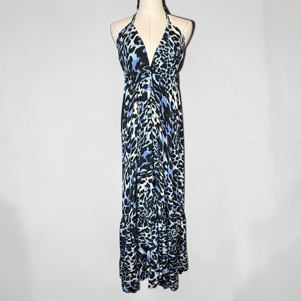 Karma Highway Leopard Halter Maxi Dress Plunging Neckline Tiered A-Line One Size